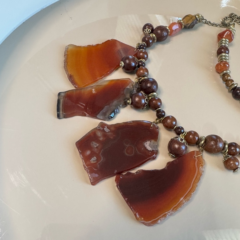 Carnelian Agate Brown and Gold Chunky Chico’s Natural Stone Necklace - Picture 8 of 12